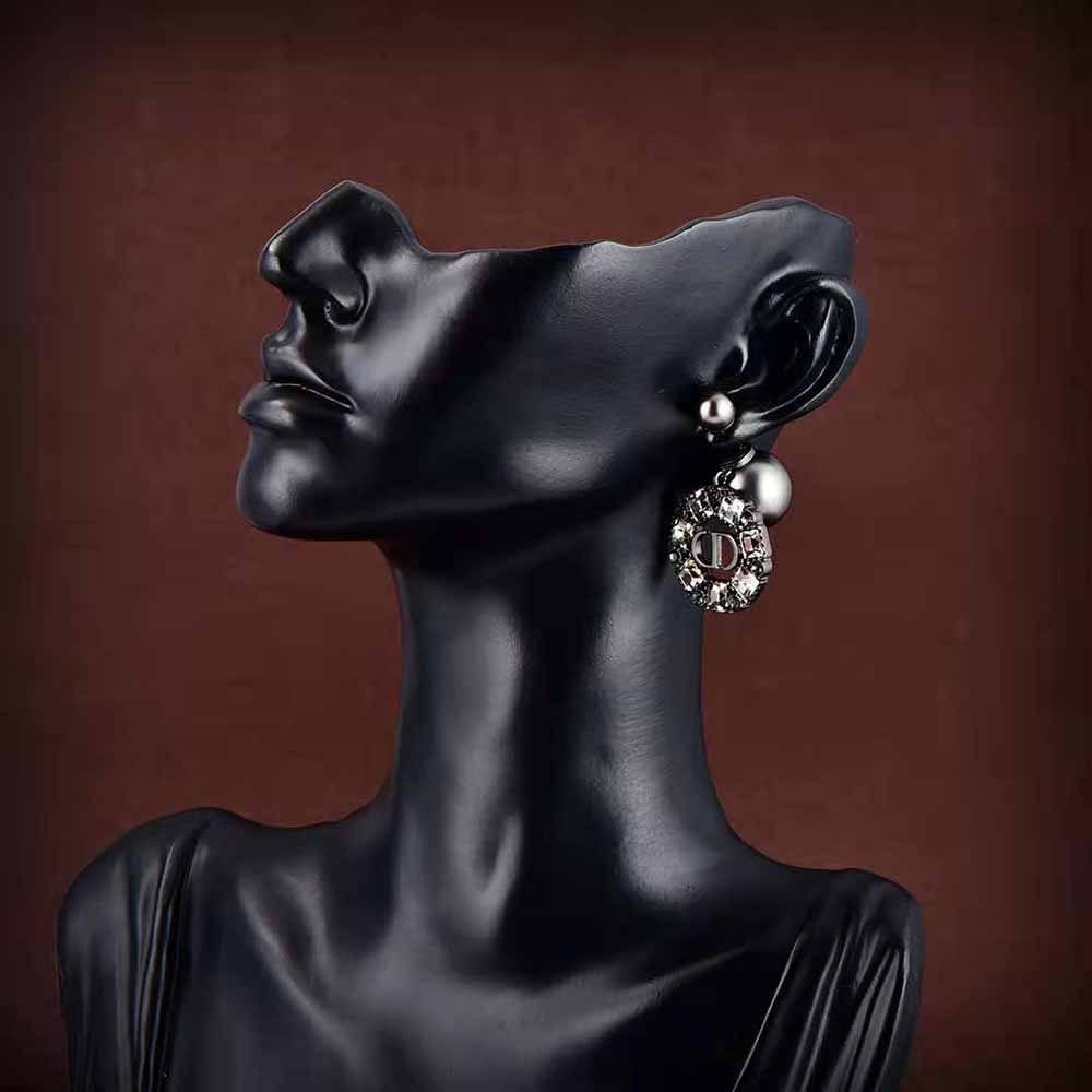Close-up of black crystals and ruthenium finish on Dior Earrings
