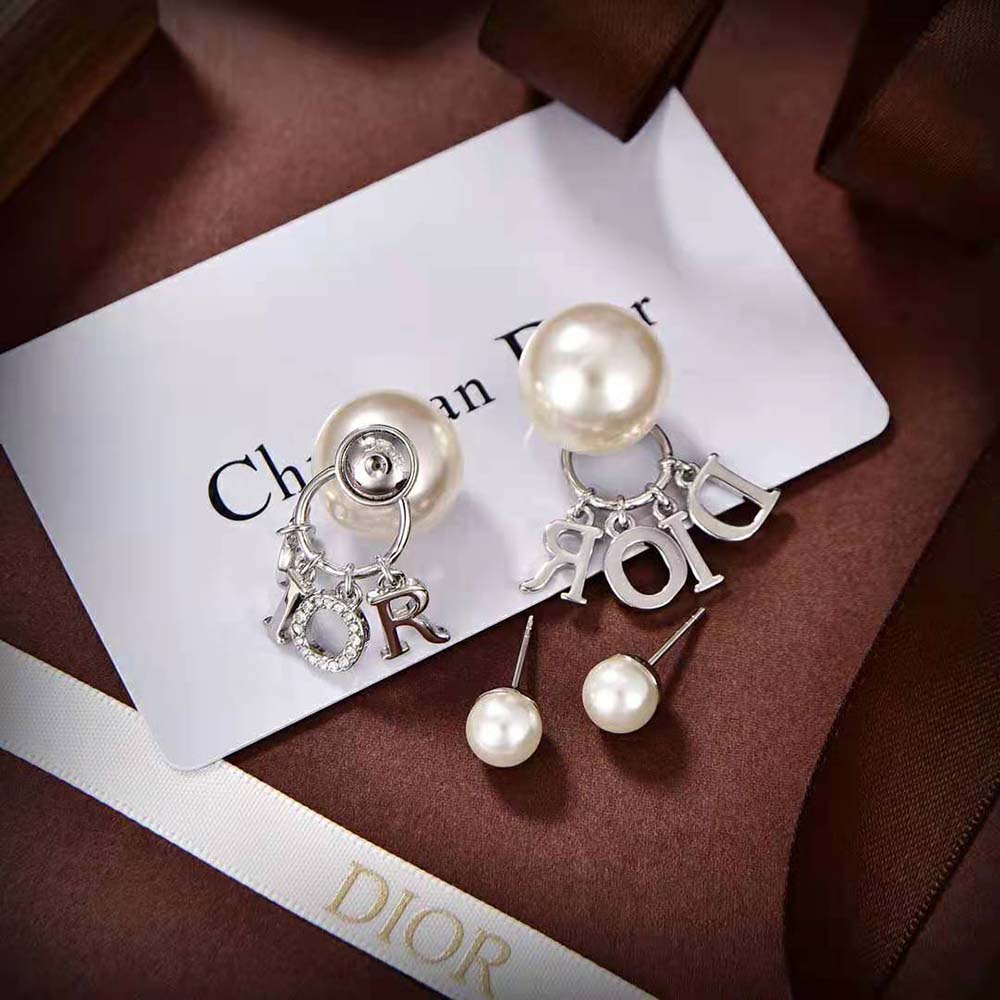 Dior Women Tribales Earrings Silver-Finish Metal with White Resin Pearls and White Crystals - image 5