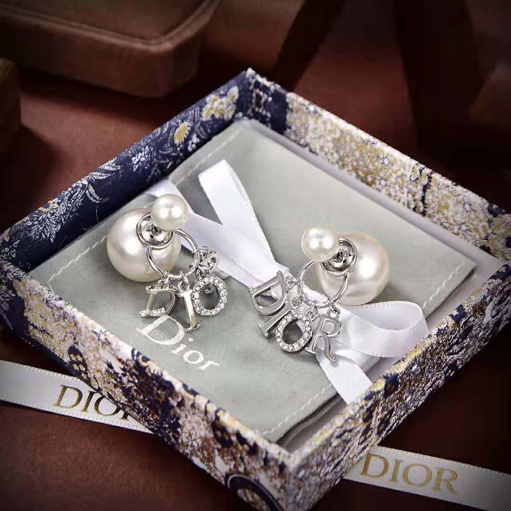 Dior Women Tribales Earrings Silver-Finish Metal with White Resin Pearls and White Crystals - image 4