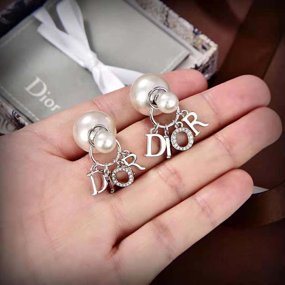 Dior Women Tribales Earrings Silver-Finish Metal with White Resin Pearls and White Crystals - image 6