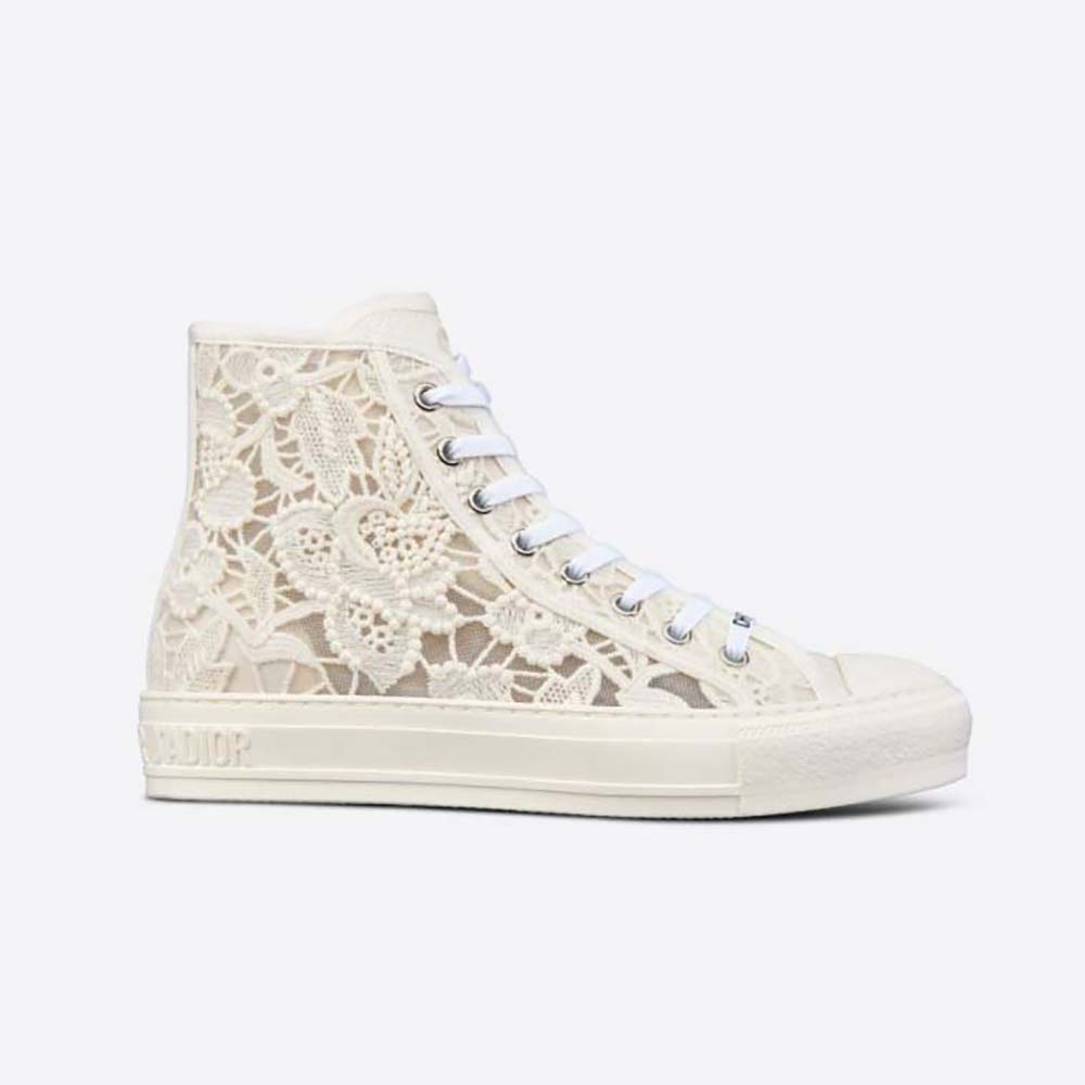 Side view of Dior Women Walk N Dior High-Top Sneaker White Macramé Embroidered Cotton