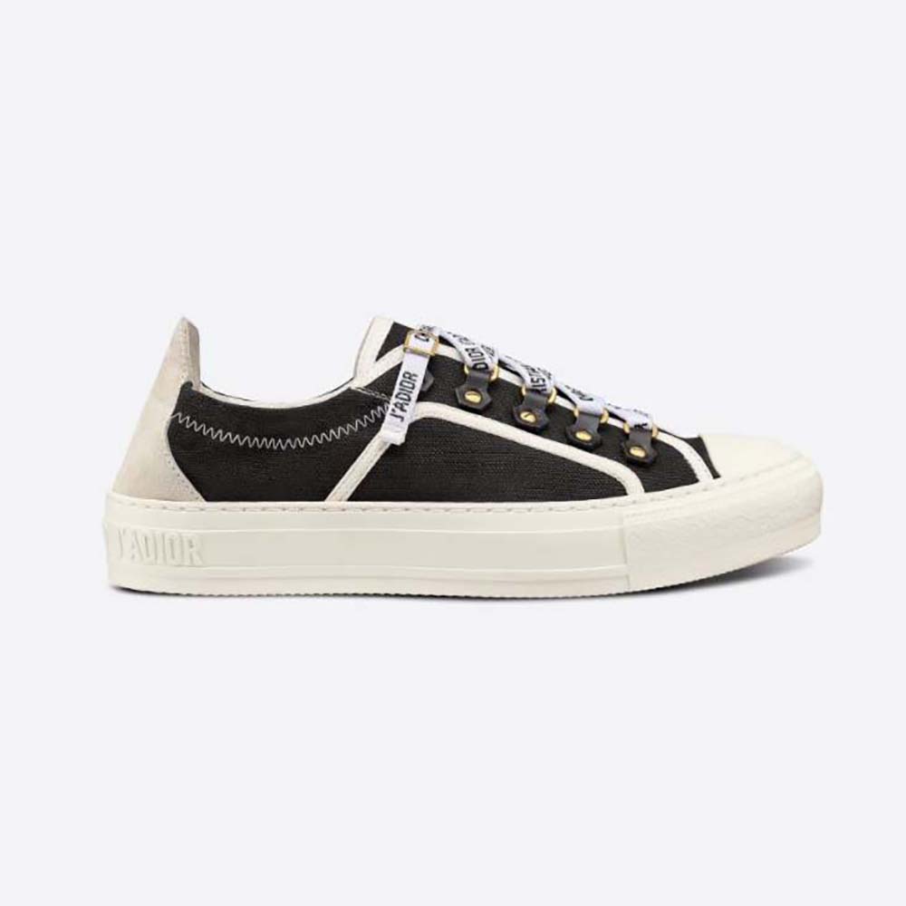 Side profile of Dior Women Walk N Dior Sneaker Black Canvas and White Suede Calfskin