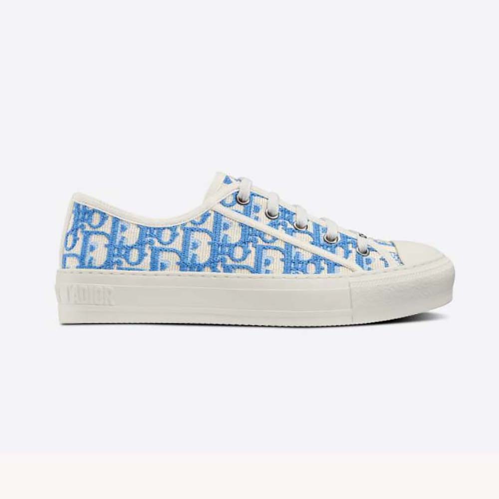 Side profile of Dior Women Walk’N’Dior Sneaker Cornflower Blue Dior Oblique Embroidered Cotton