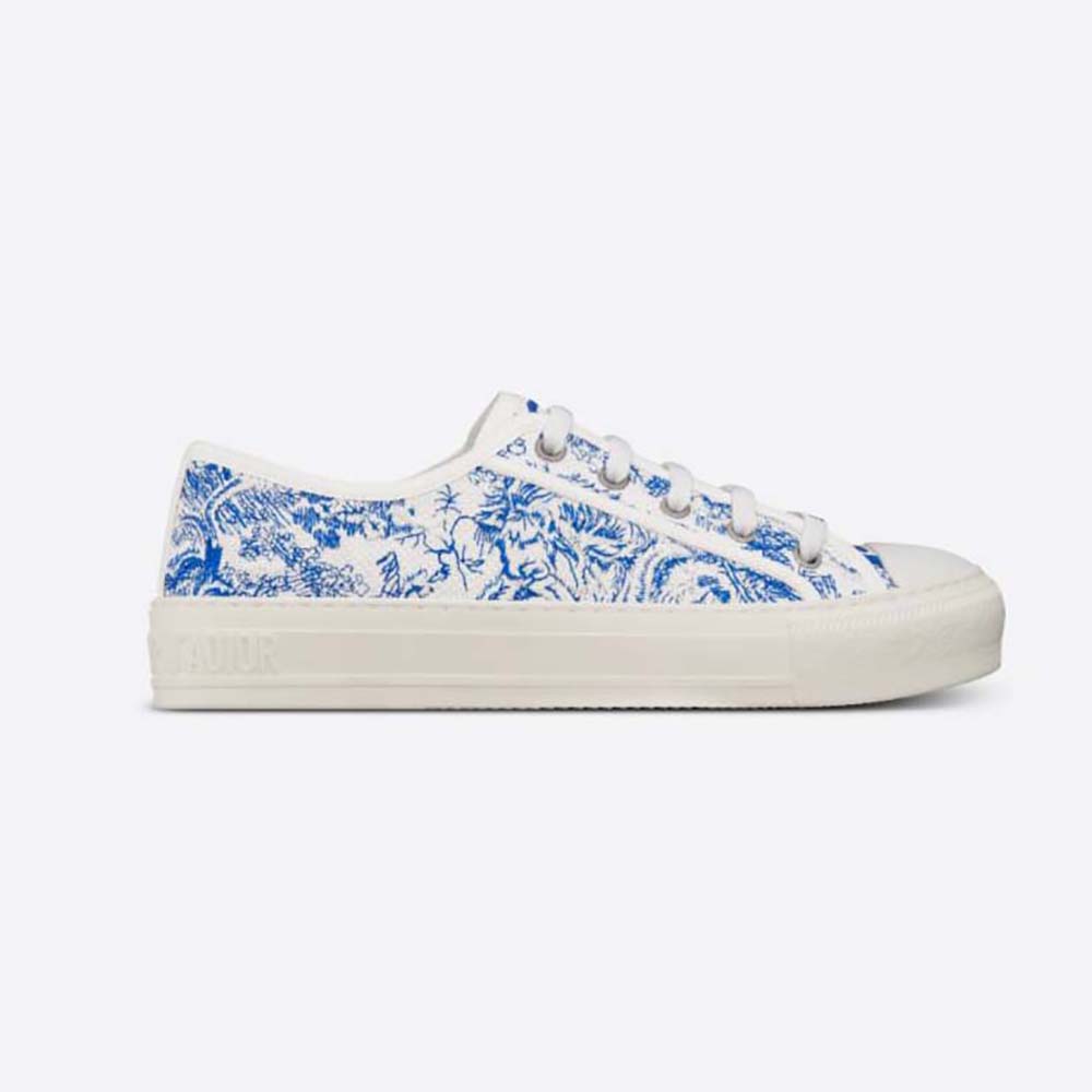 Side angle of Dior Women Walk’N’dior Sneaker Bright Blue Toile De Jouy Embroidered Cotton