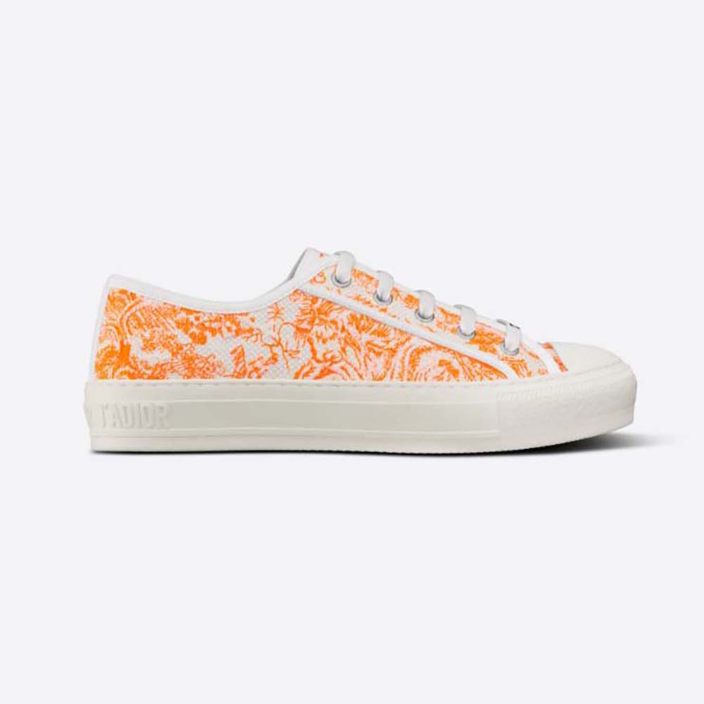 Side profile of Dior Women Walk’N’dior Sneaker Bright Orange Toile DE Jouy Embroidered Cotton