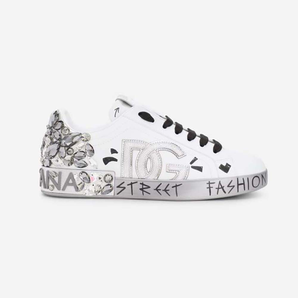 Side profile of Dolce Gabbana D&G Men Printed Calfskin Nappa Portofino Sneakers in silver