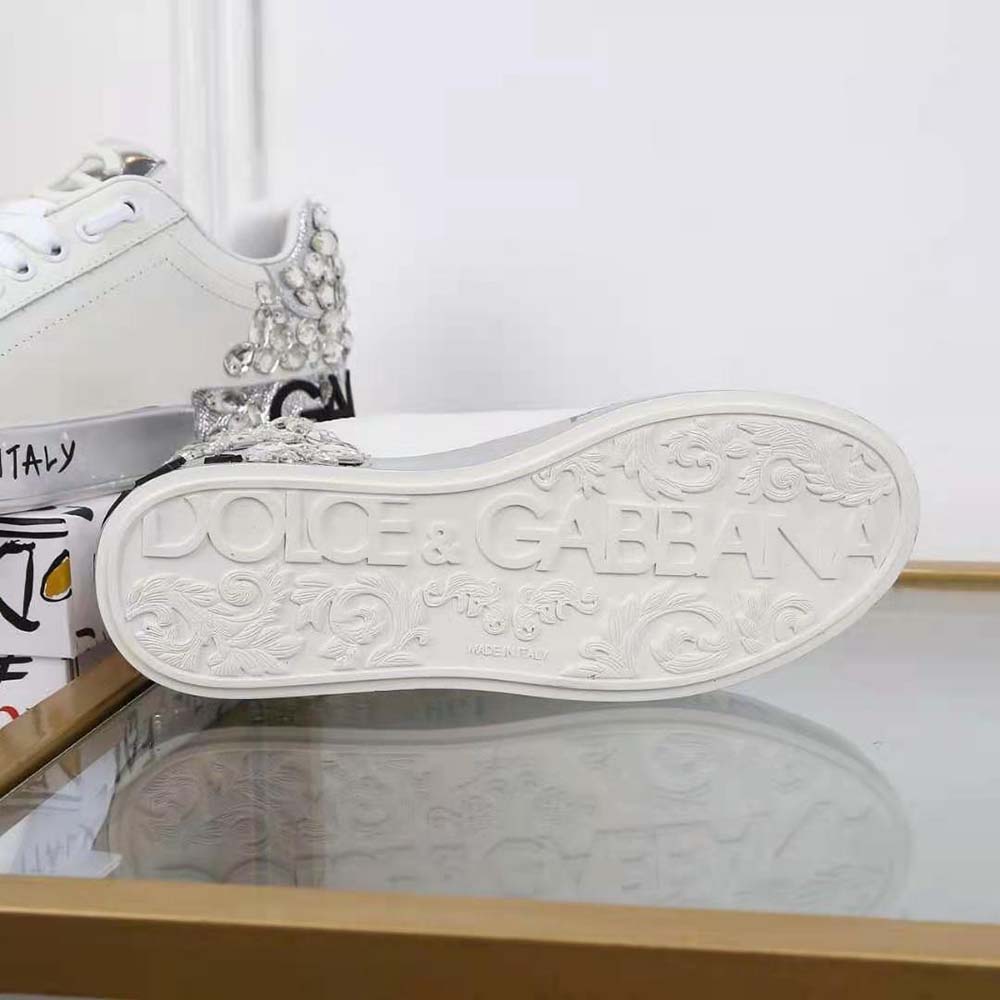Dolce Gabbana D&G Men Printed Calfskin Nappa Portofino Sneakers with DG Logo and Embroidery-Silver - image 10