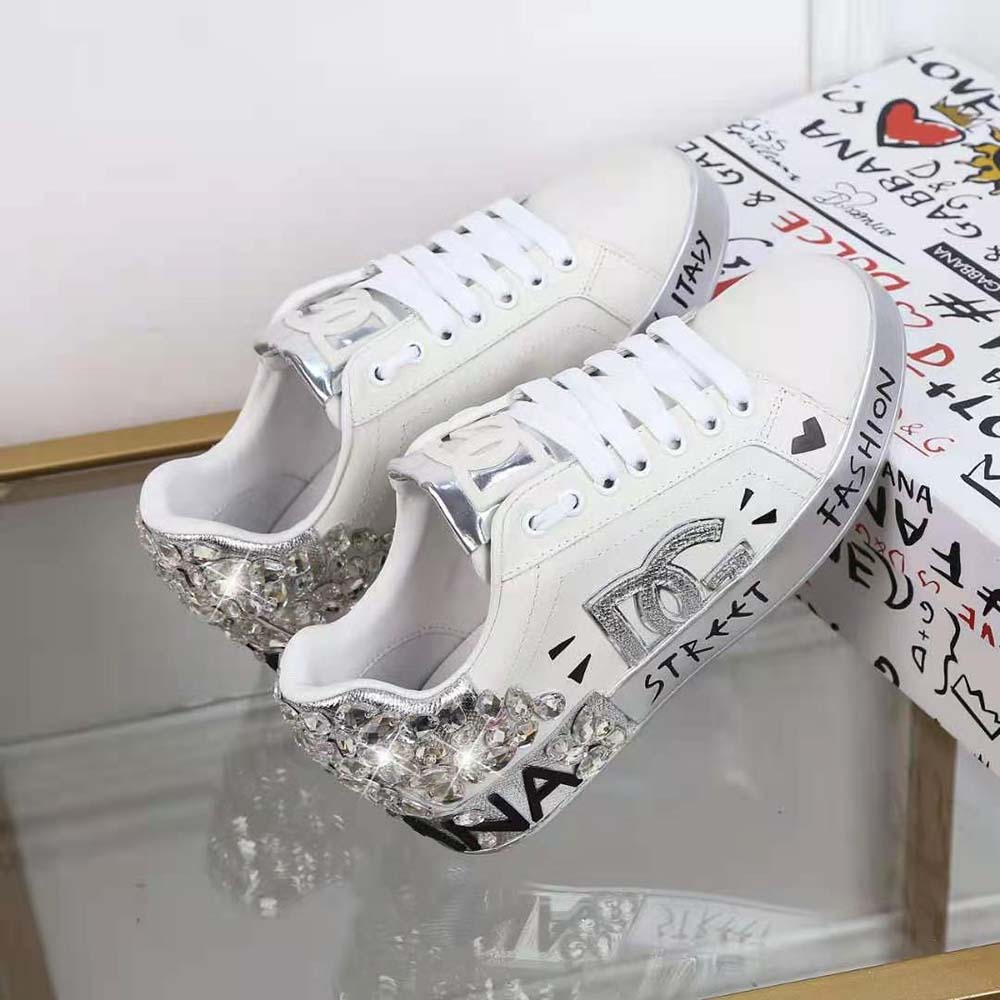 Dolce Gabbana D&G Men Printed Calfskin Nappa Portofino Sneakers with DG Logo and Embroidery-Silver - image 5