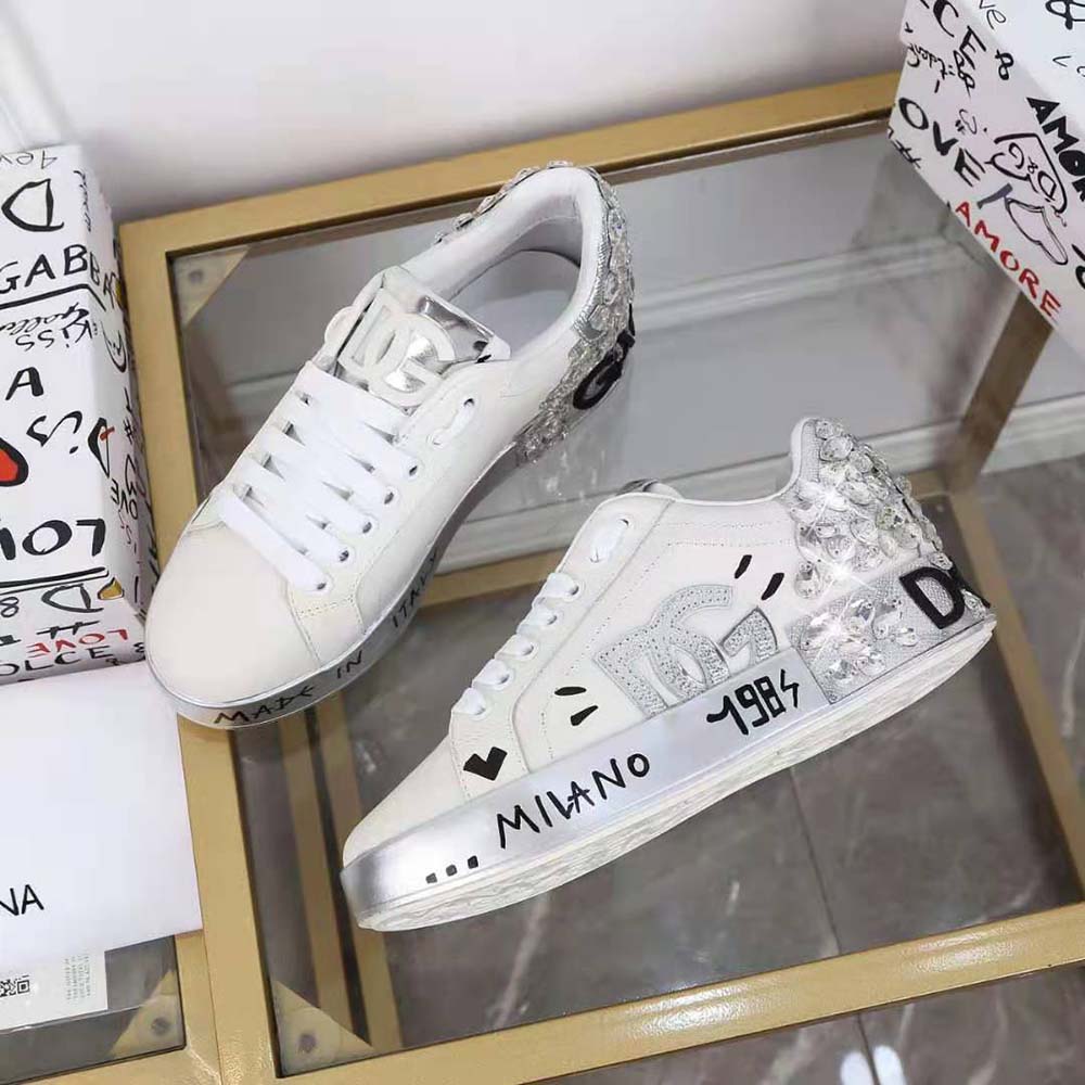 Top-down view showing lace-up closure of silver Dolce Gabbana D&G Portofino Sneakers