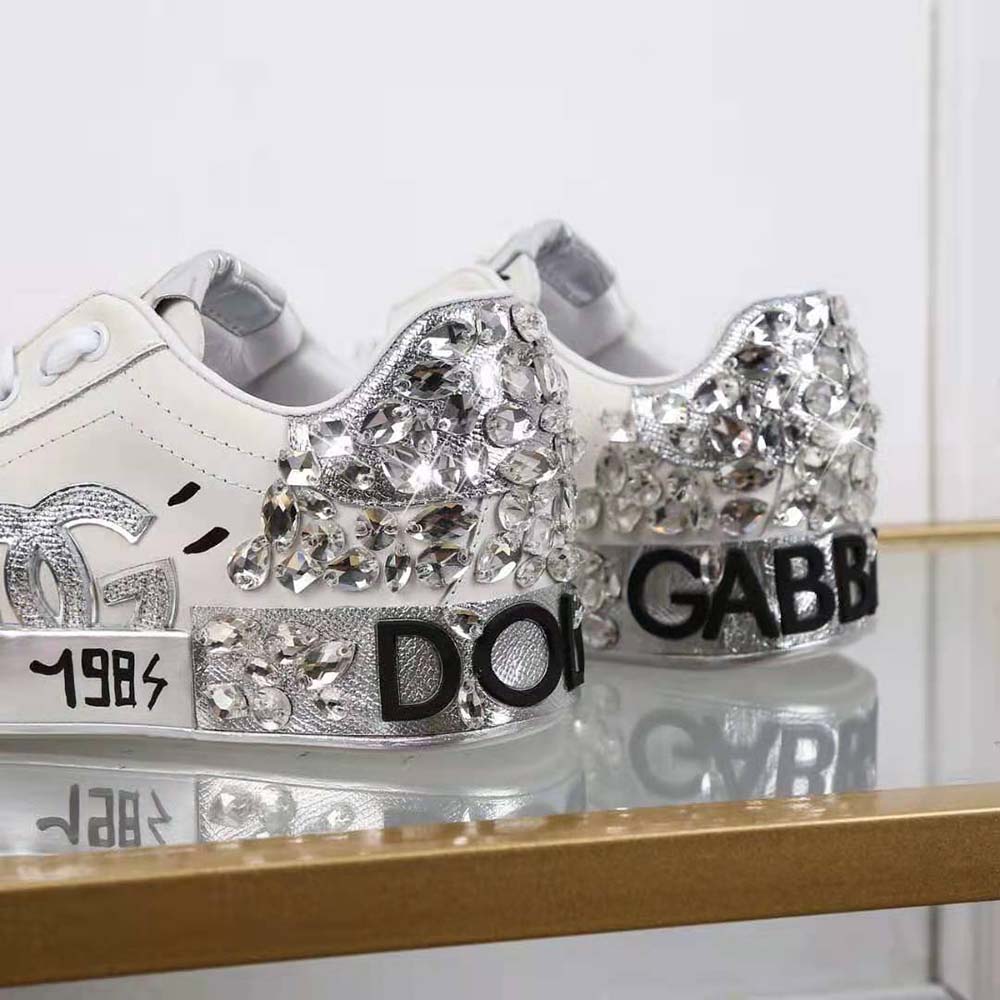 Dolce Gabbana D&G Men Printed Calfskin Nappa Portofino Sneakers with DG Logo and Embroidery-Silver - image 8