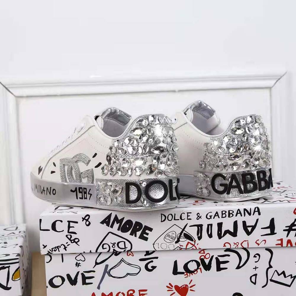 Dolce Gabbana D&G Men Printed Calfskin Nappa Portofino Sneakers with DG Logo and Embroidery-Silver - image 7