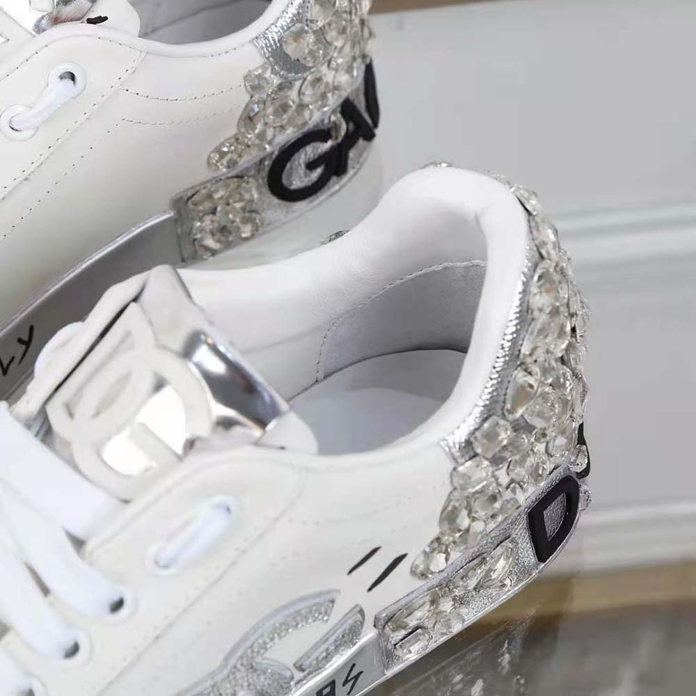Dolce Gabbana D&G Men Printed Calfskin Nappa Portofino Sneakers with DG Logo and Embroidery-Silver - image 9