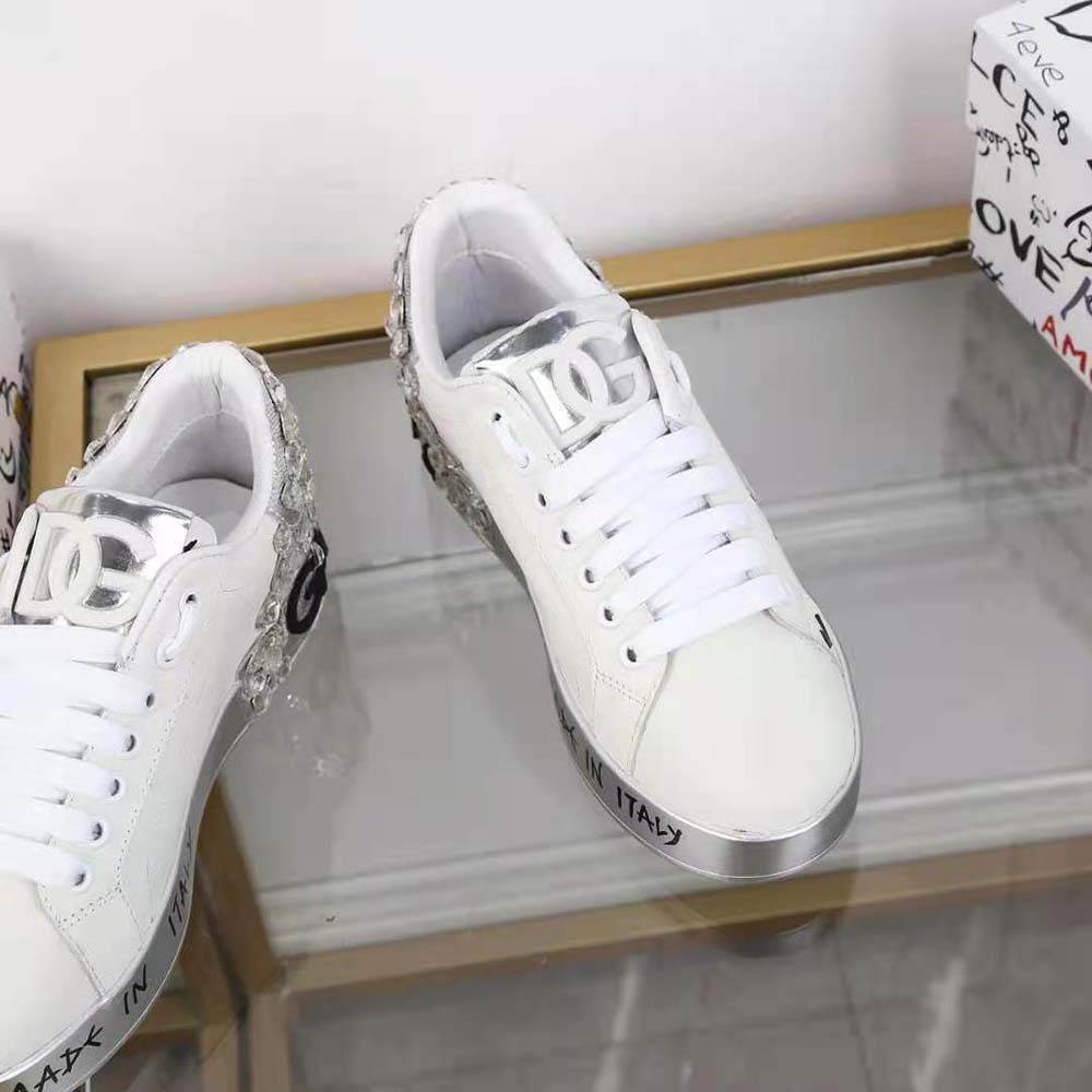 Dolce Gabbana D&G Men Printed Calfskin Nappa Portofino Sneakers with DG Logo and Embroidery-Silver - image 6