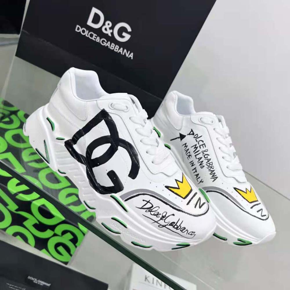 Close-up of white calfskin and D&G embossed logo on Daymaster sneakers