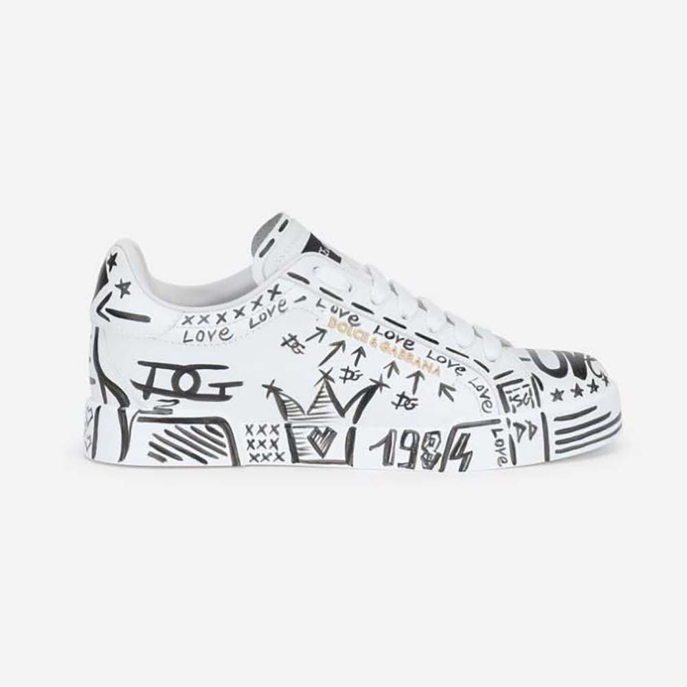 Side profile of Dolce Gabbana D&G Unisex Hand-Painted Calfskin Portofino Sneakers