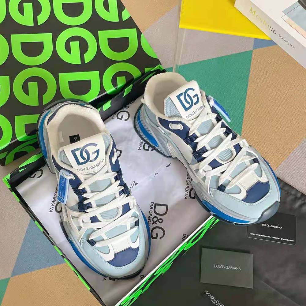 Close-up of blue leather and mesh details on Dolce Gabbana D&G Airmaster Sneakers