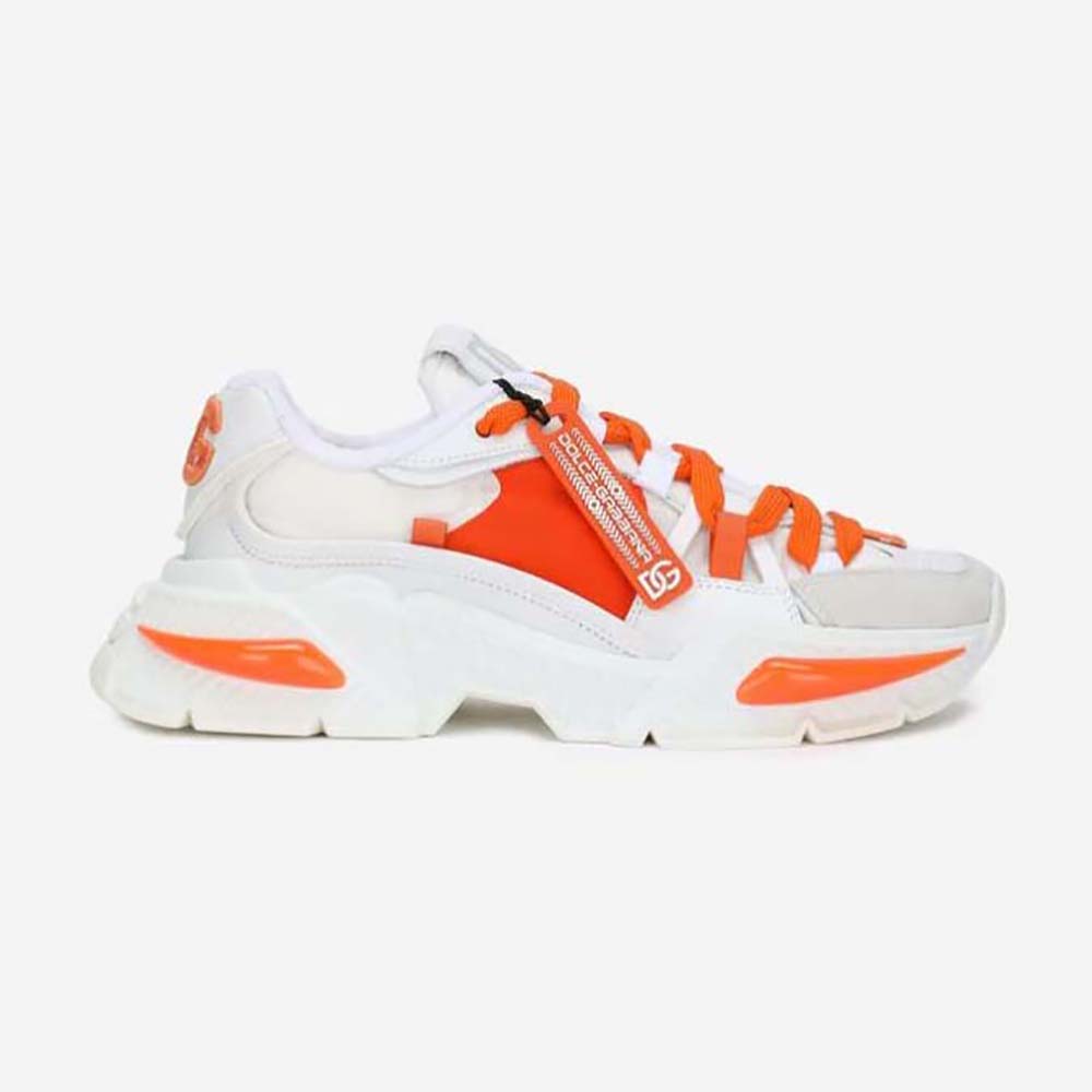 Side view of Dolce Gabbana D&G Unisex Mixed-Material Airmaster Sneakers-Orange
