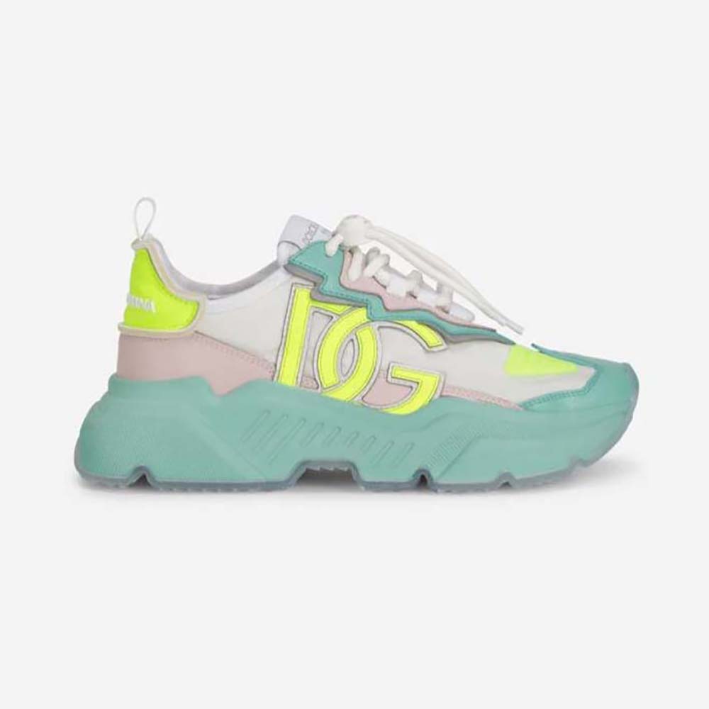 Side view of Dolce Gabbana D&G Unisex Mixed-Materials Daymaster Sneakers-Lime