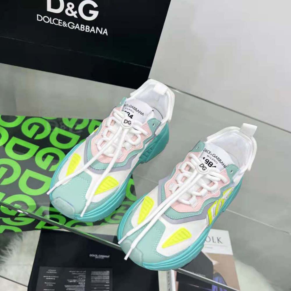 Close-up on lime leather and mesh detail of Daymaster sneakers by Dolce Gabbana