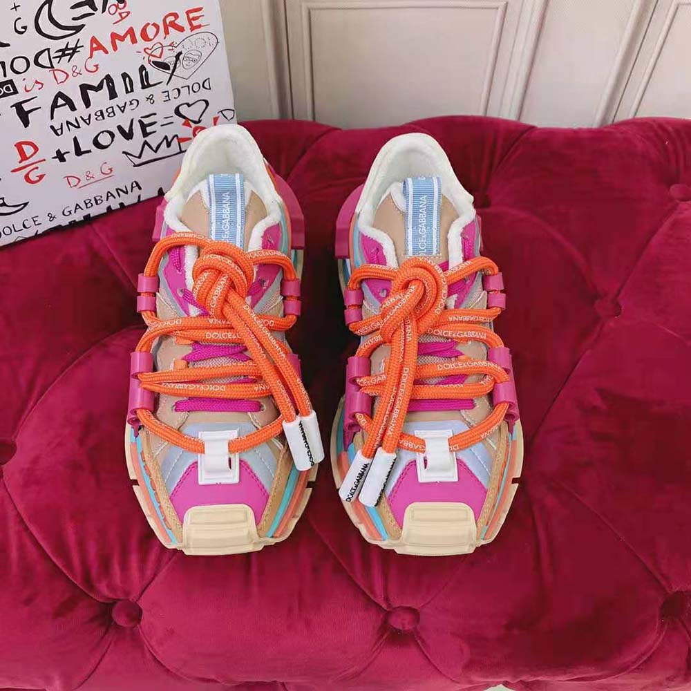 Close-up of orange leather and mesh textures on D&G Space Sneakers