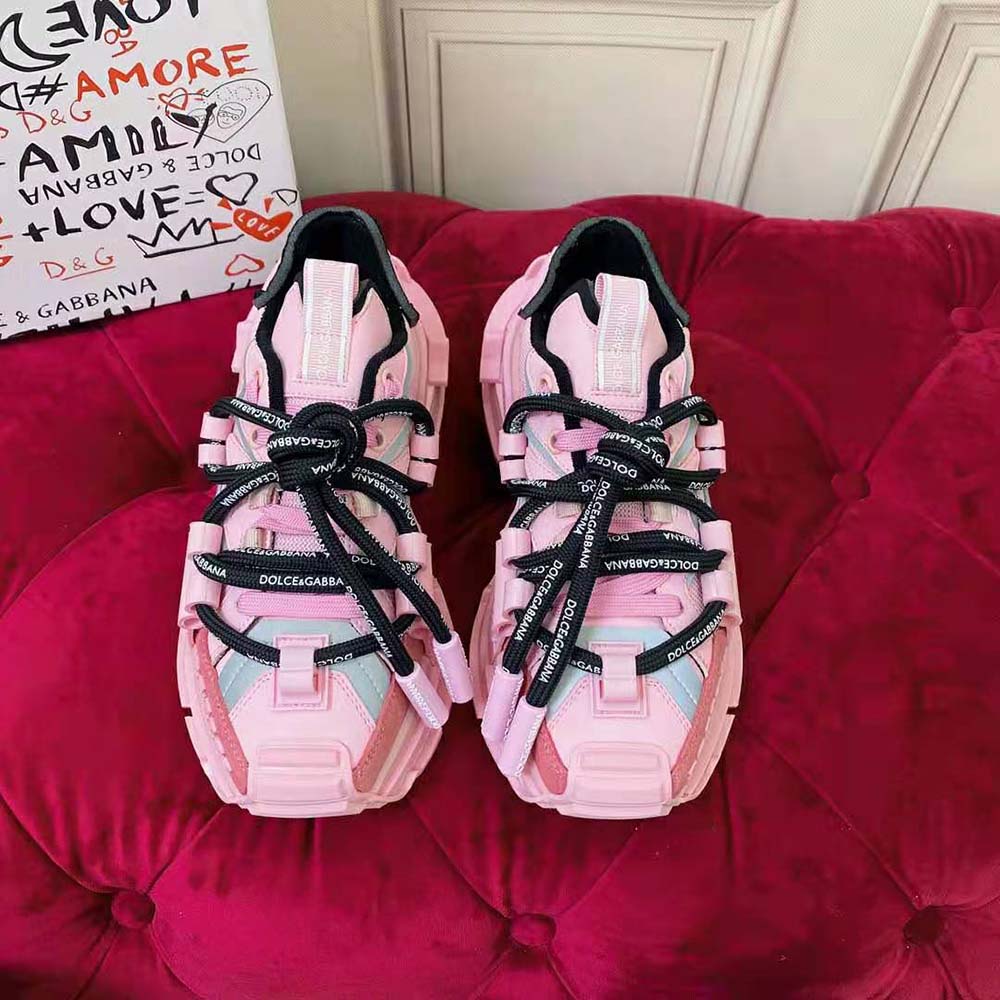 Close-up of pink leather and mesh details on Dolce Gabbana D&G sneakers
