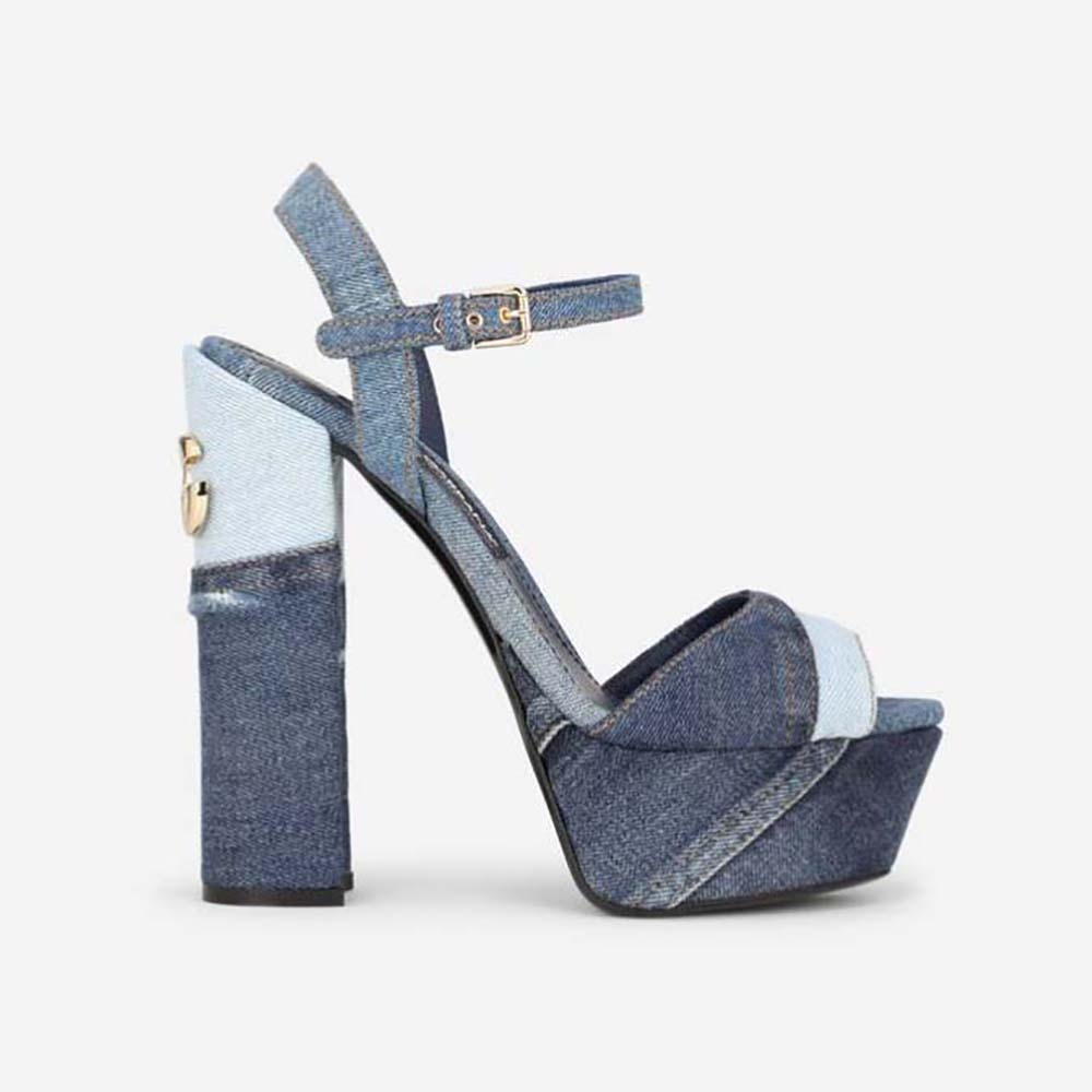 Front angle of Dolce Gabbana D&G Women Patchwork Denim Platform Sandals-Navy
