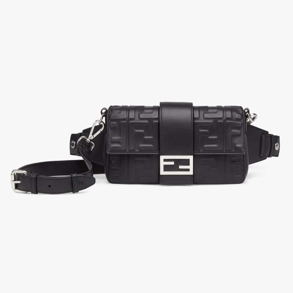 Front view of Fendi Men Baguette Black Calf Leather Bag with gold hardware