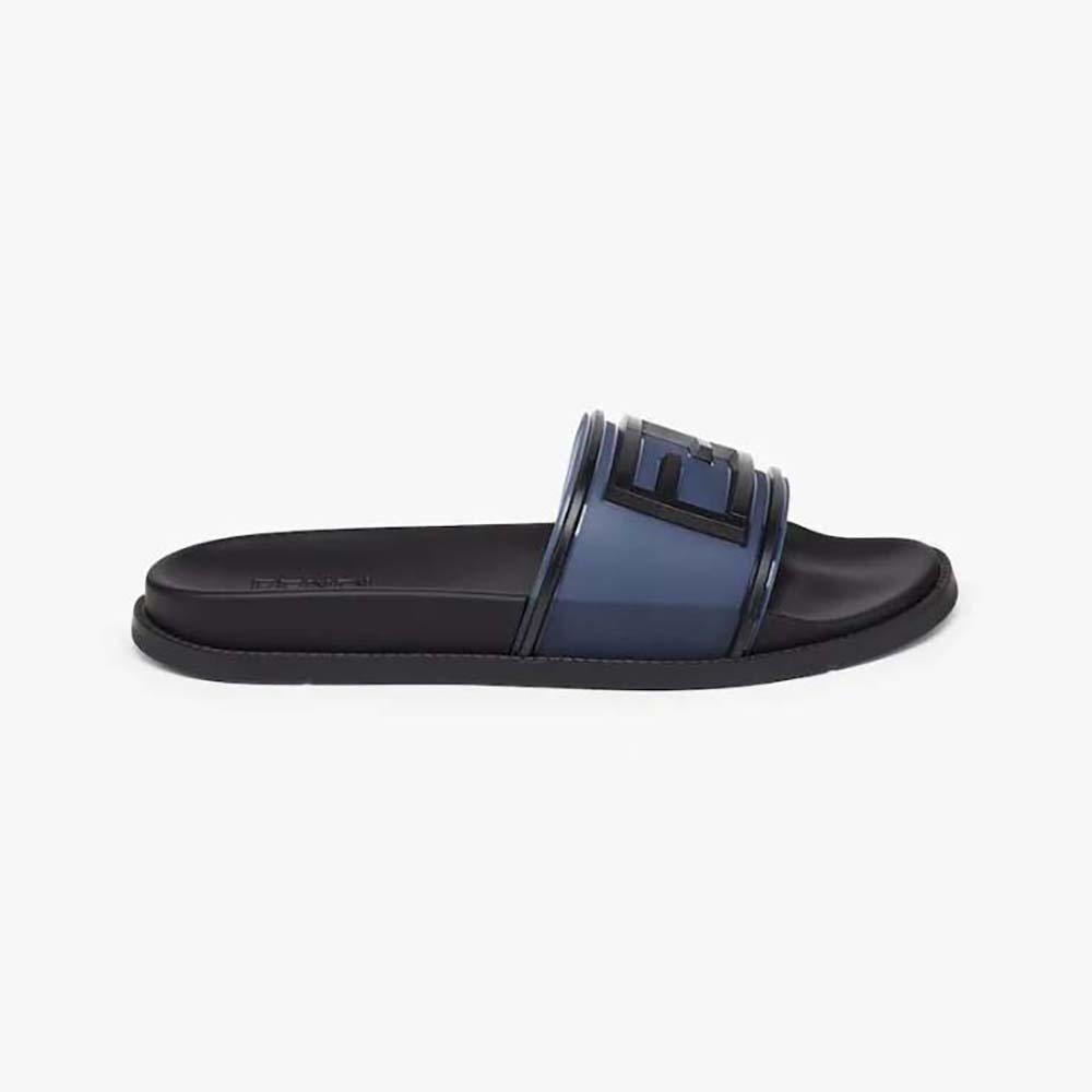 Side view of Fendi Men Baguette Slides Blue Rubber Slides in black