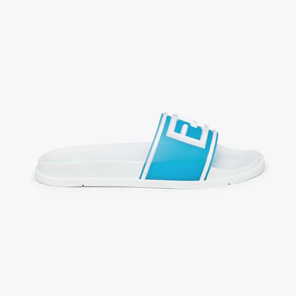 Side view of Fendi Men Baguette Slides Light Blue Rubber Slides in white
