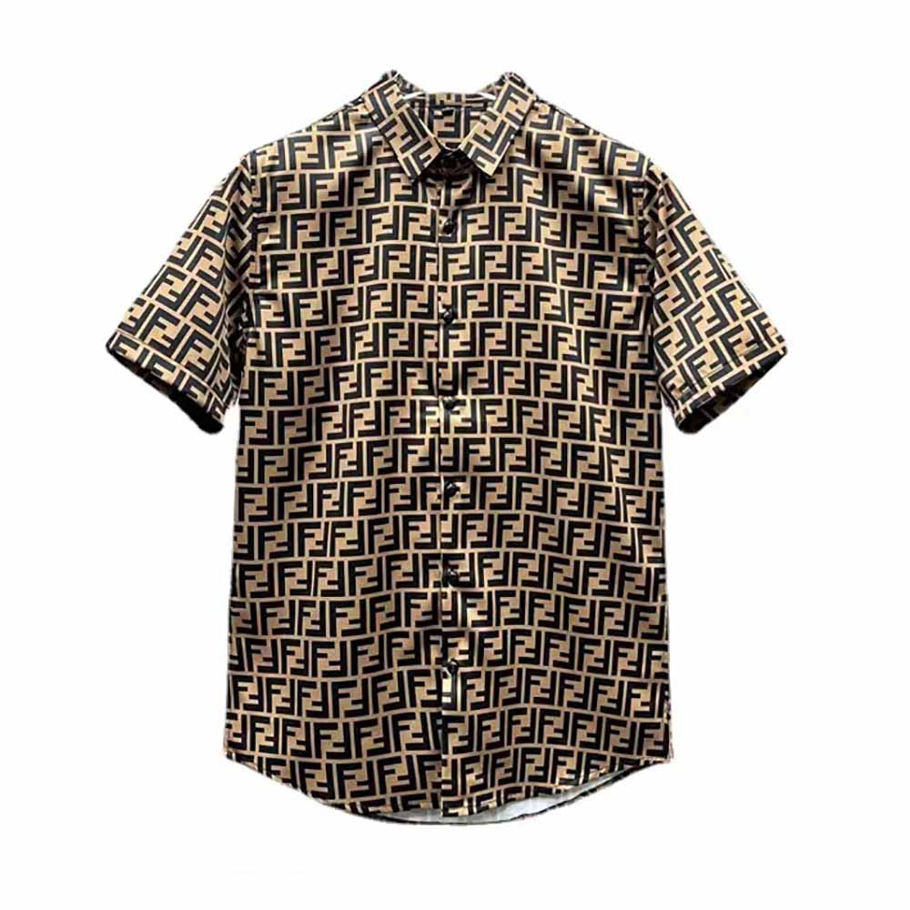 Front view of Fendi Men Brown Silk Shirt with FF Motif Printed All Over