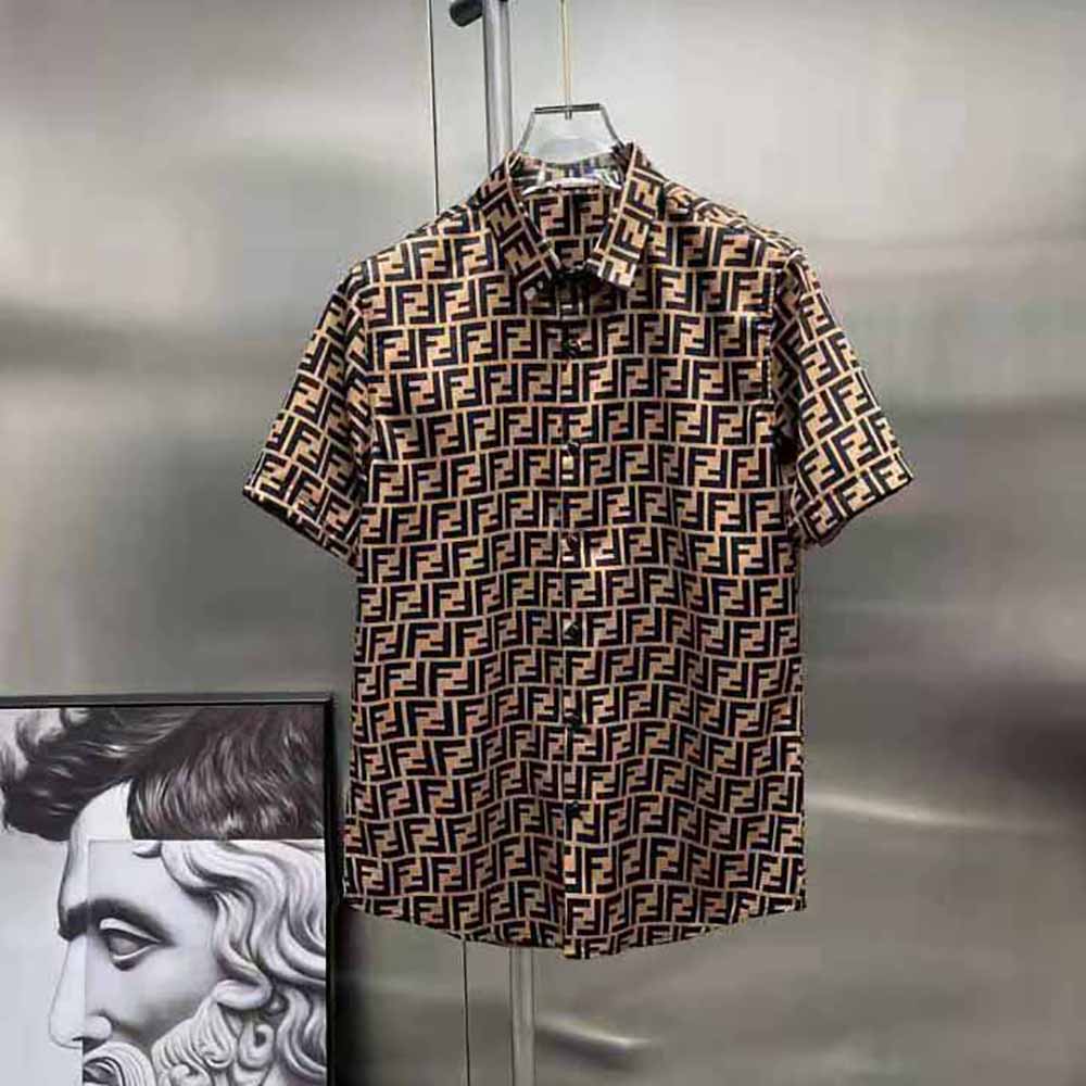 Close-up detail of the FF motif on Fendi Men Brown Silk Shirt