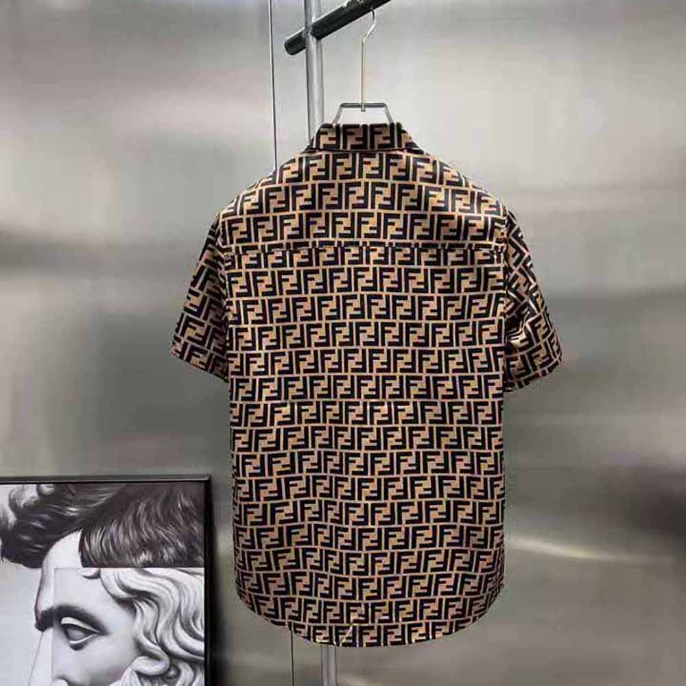 Side angle showing button closure on Fendi Men Brown Silk Shirt
