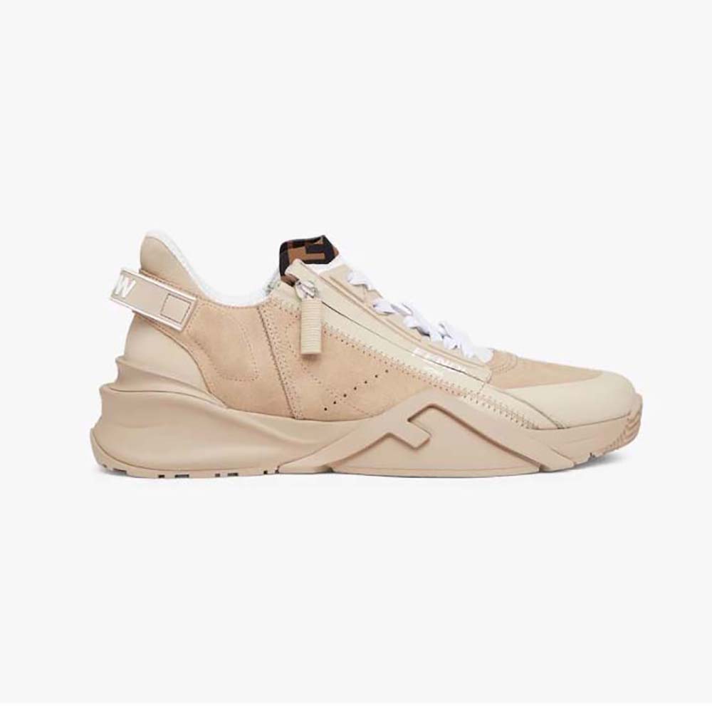 Side view of Fendi Men Flow Beige Suede Low-Tops with pink laces