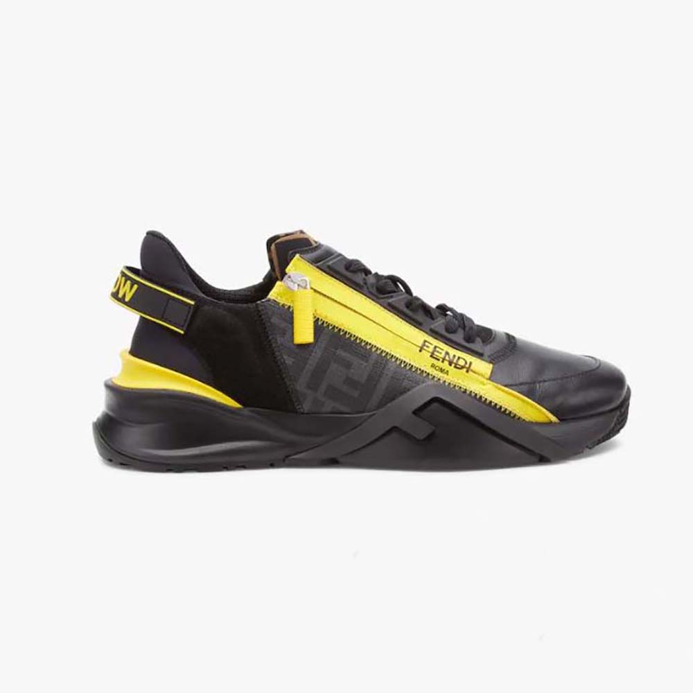 Side angle of Fendi Men Flow Black Leather Low-Tops showcasing silhouette