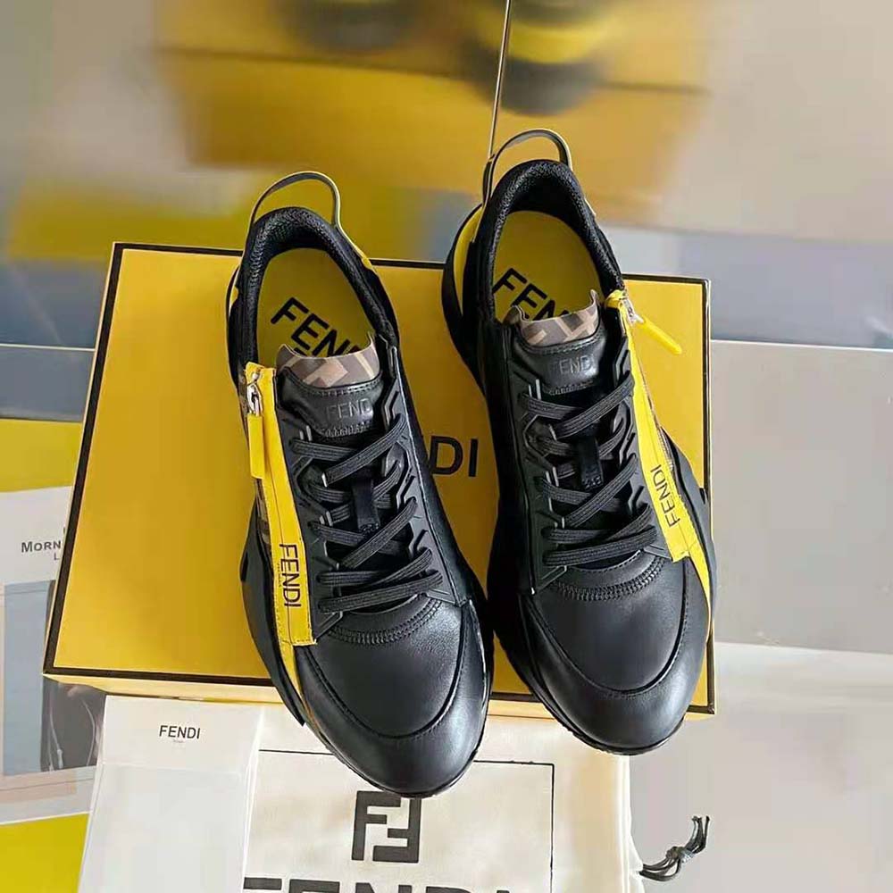 Overhead view of Fendi Men Flow Black Leather Low-Tops laced up