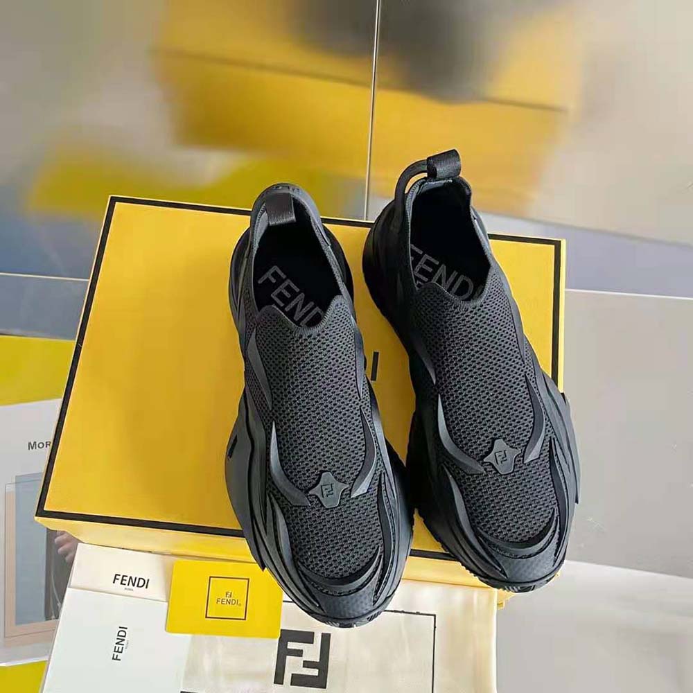 Overhead view of Fendi Unisex Flow Black Mesh Running Sneakers laced up