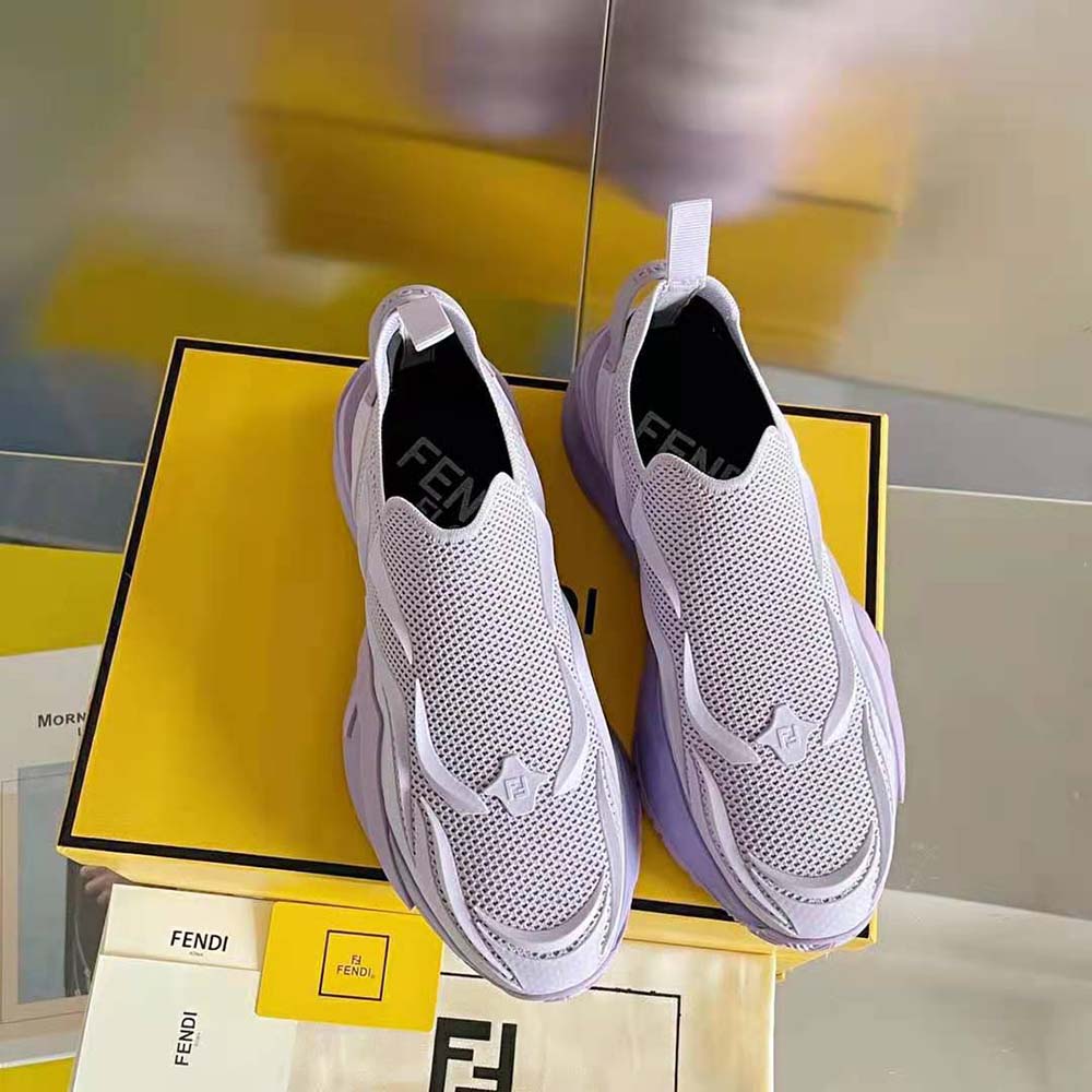 Close-up of Fendi logo hardware on Flow Lilac Mesh Running Sneakers