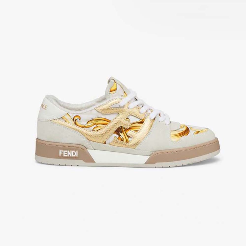 Side angle of Fendi Unisex Match Fendace Beige Suede Low-Tops showcasing silhouette