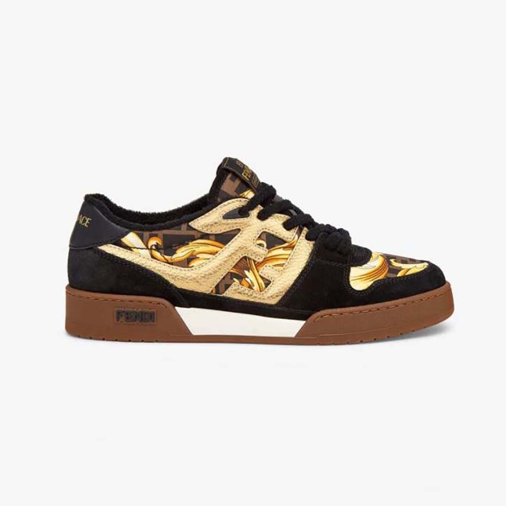 Side angle of Fendi Unisex Match Fendace Black Suede Low-Tops