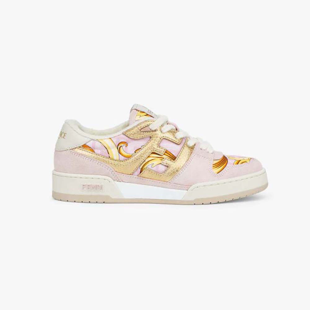 Side view of Fendi Unisex Match Fendace Printed Pink Satin Low-Tops showing silhouette