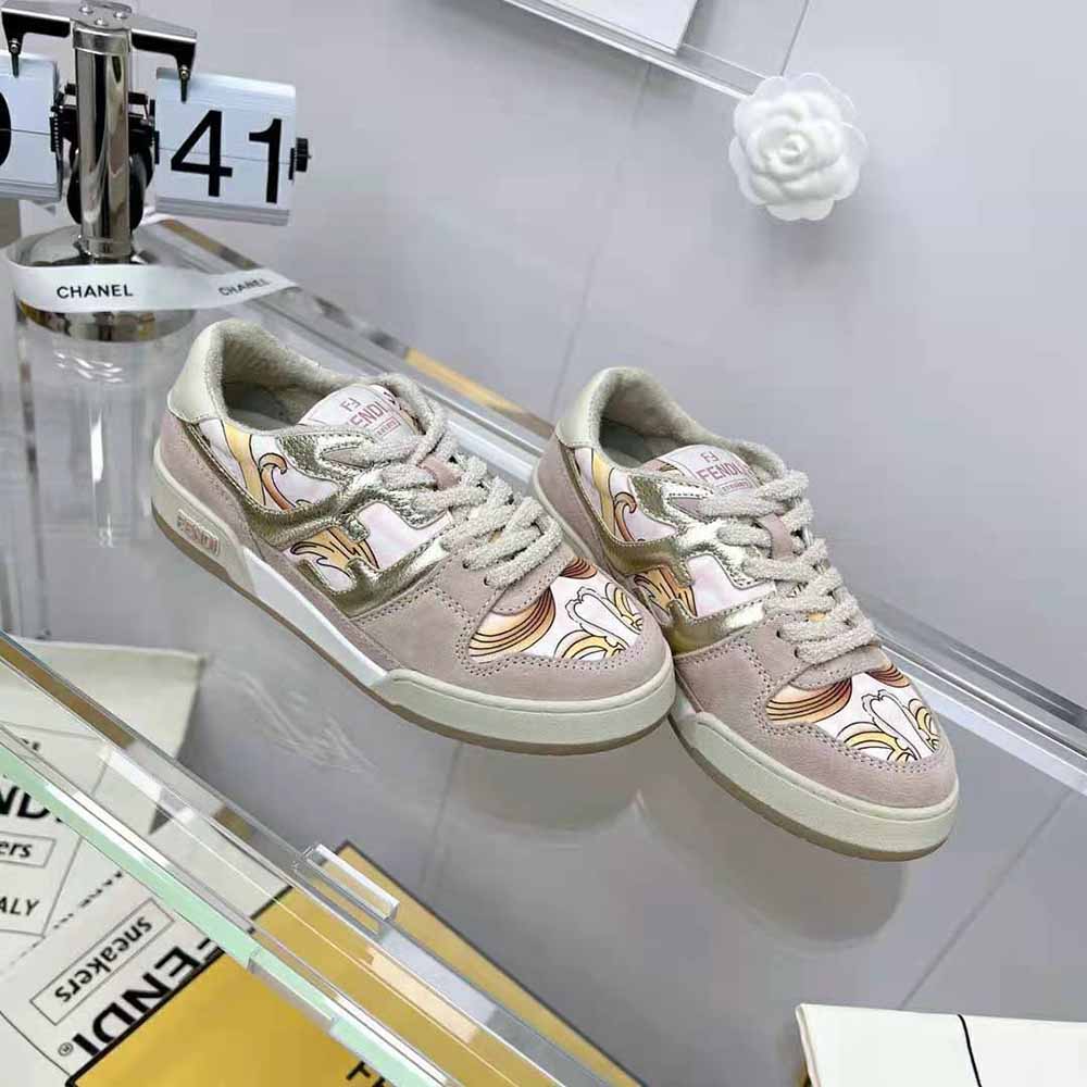Top view of Fendi Unisex Match Fendace Printed Pink Satin Low-Tops laces and print