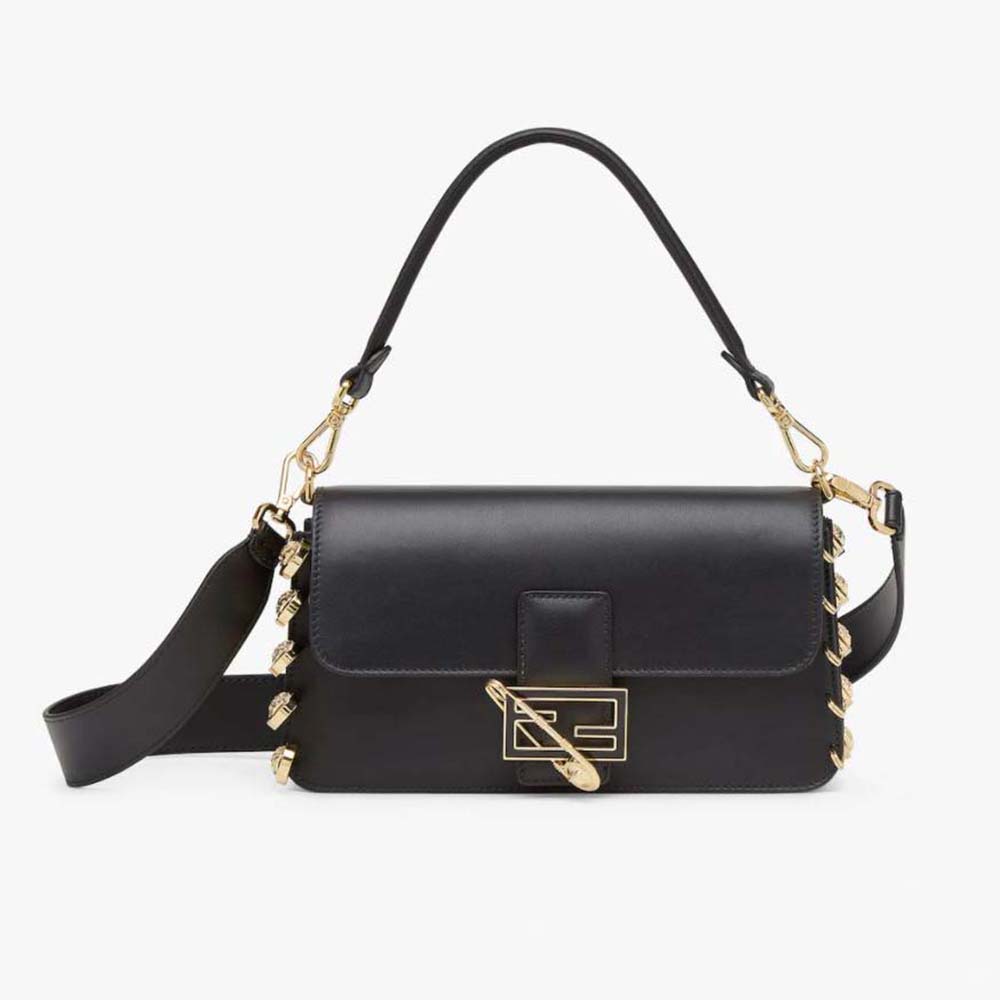 Front view of Fendi Women Baguette Brooch Fendace Black Leather Bag