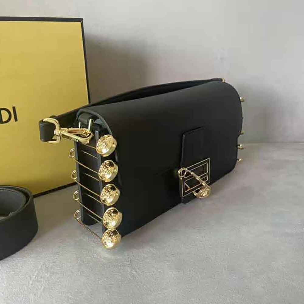 Fendi Women Baguette Brooch Fendace Black Leather Bag - image 6