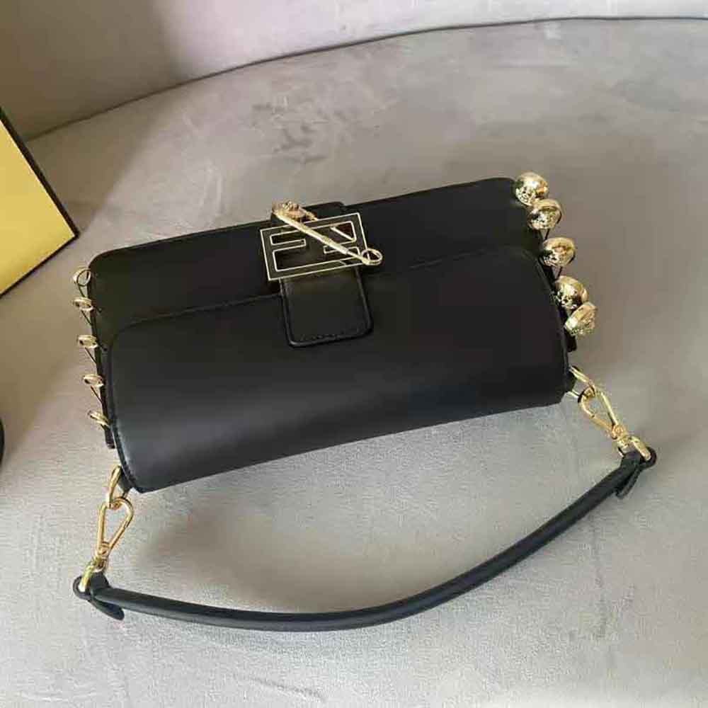 Fendi Women Baguette Brooch Fendace Black Leather Bag - image 5