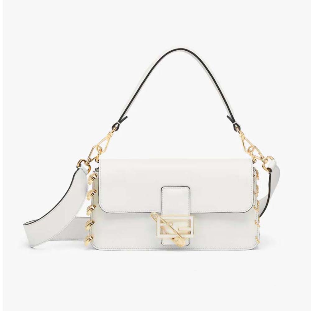 Front view of Fendi Women Baguette Brooch Fendace White Leather Bag