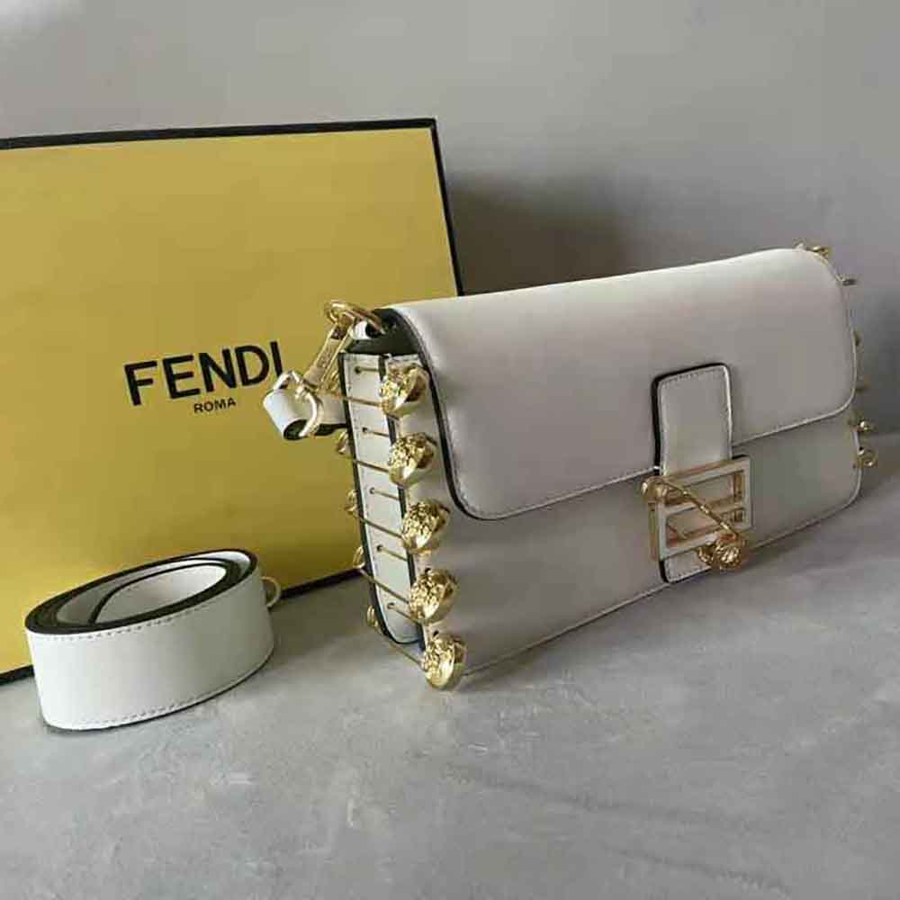 Fendi Women Baguette Brooch Fendace White Leather Bag - image 6