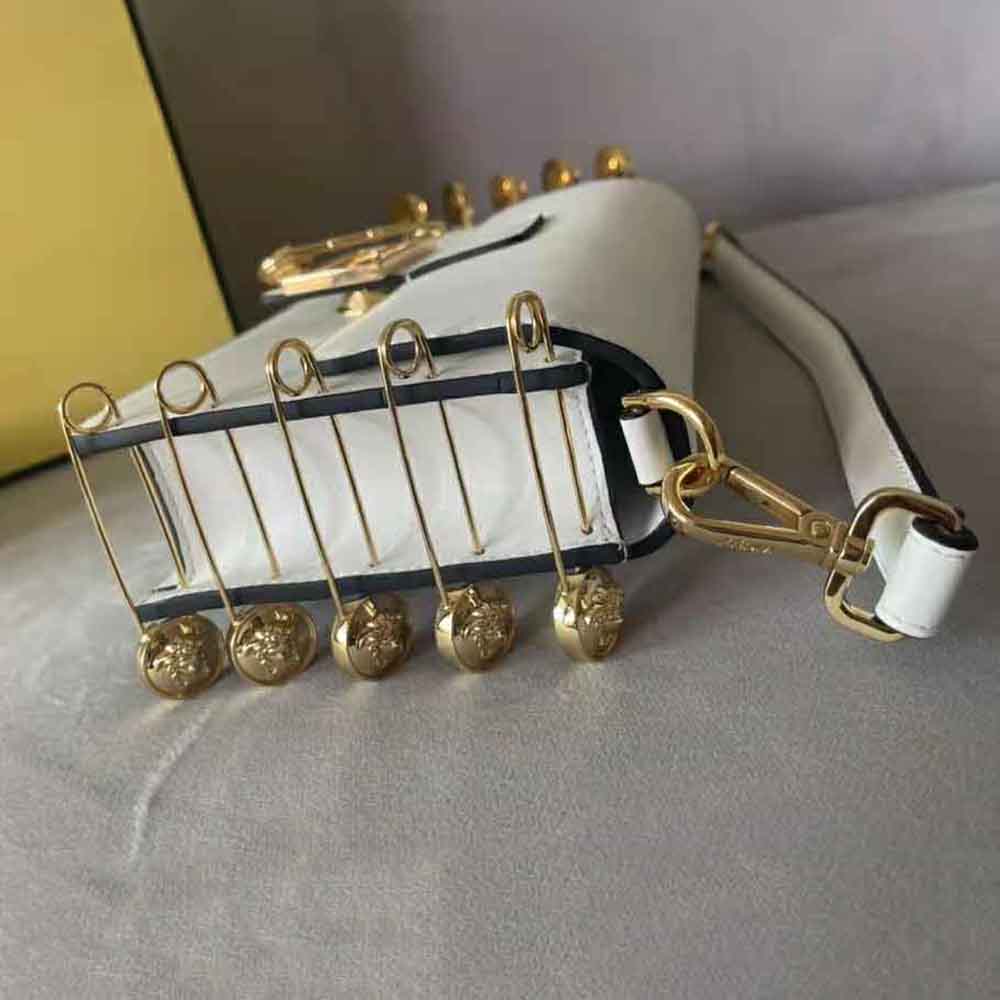 Fendi Women Baguette Brooch Fendace White Leather Bag - image 7