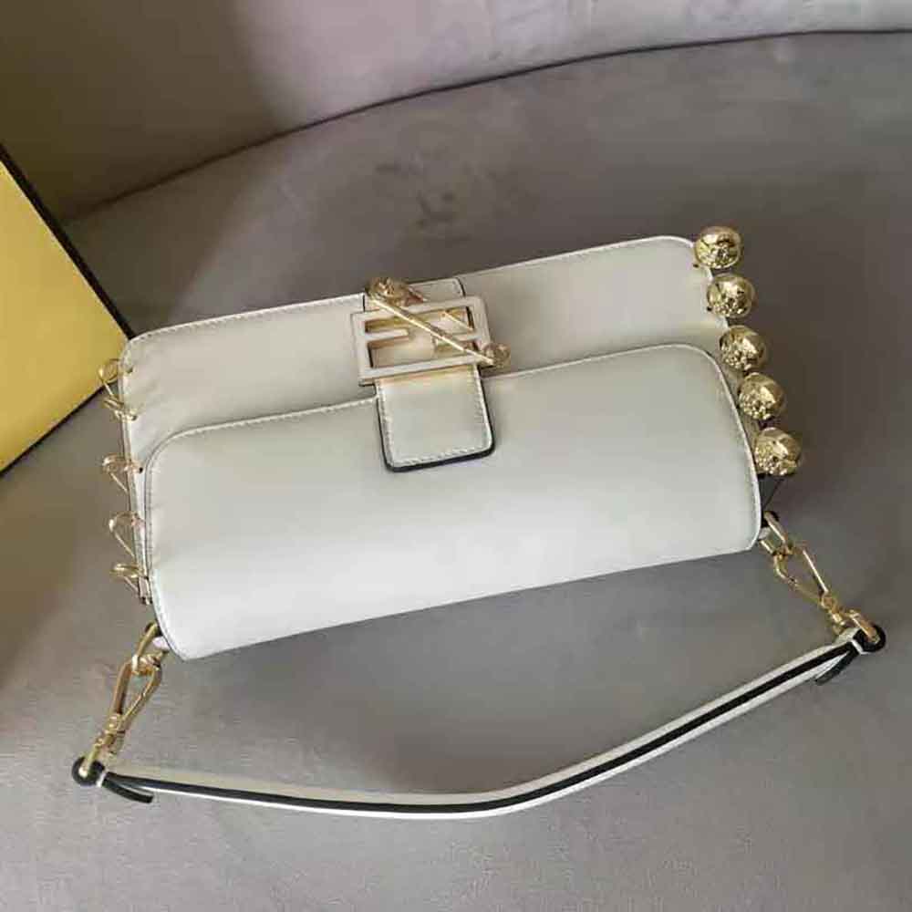 Fendi Women Baguette Brooch Fendace White Leather Bag - image 4