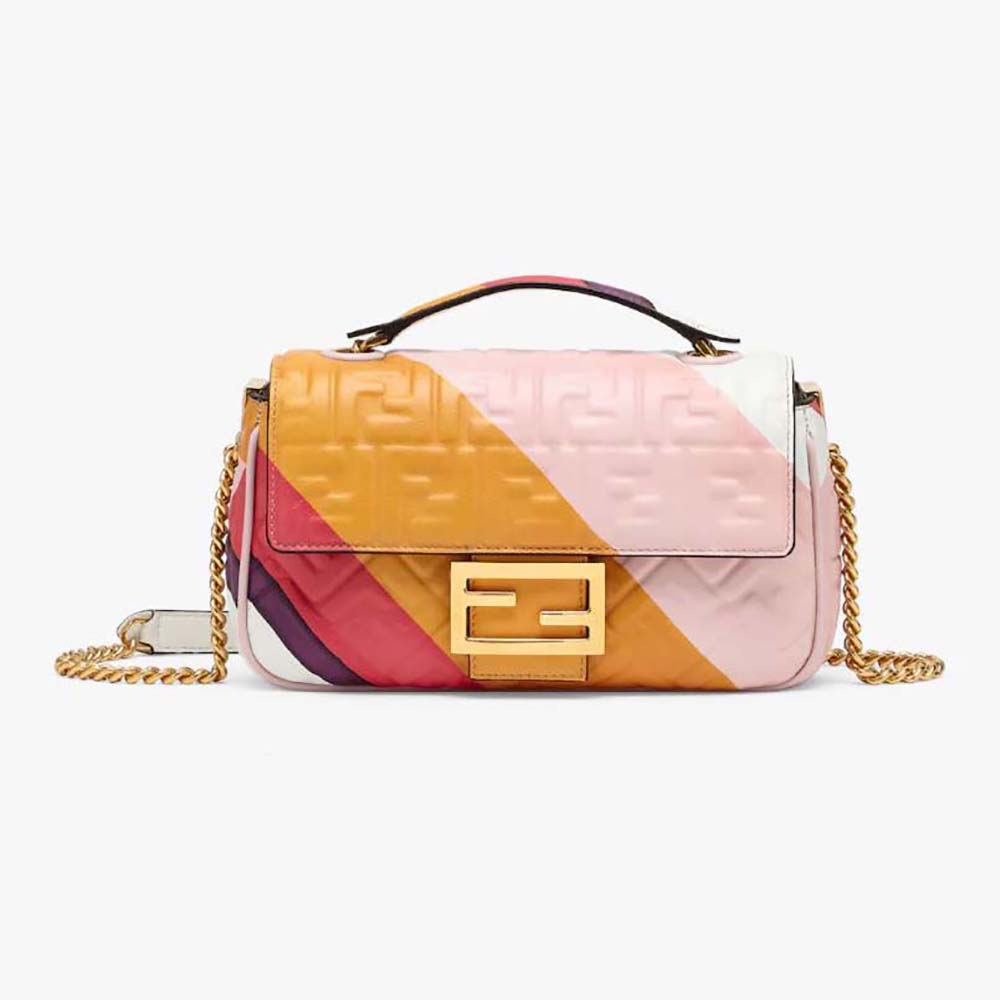 Front view of Fendi Women Baguette Chain Midi Leather Bag with Multicolour Print