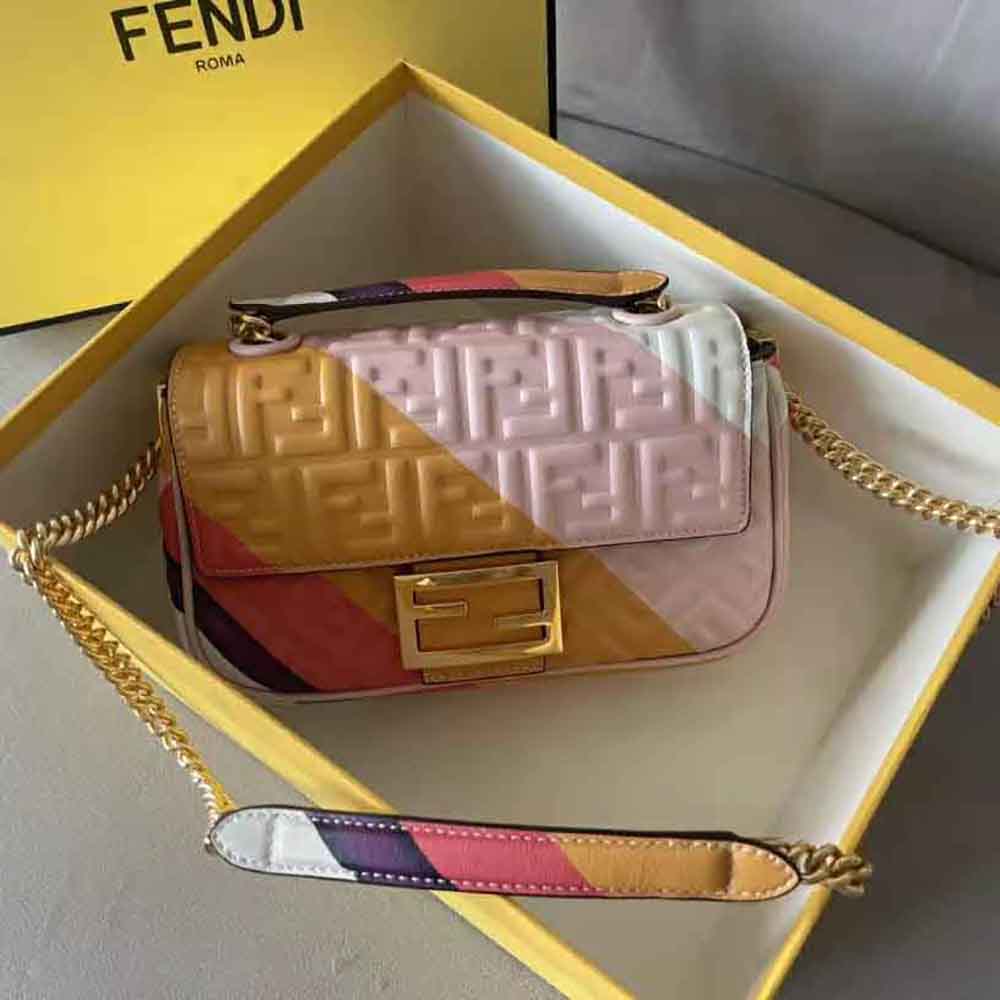 Side profile showing compact silhouette of Fendi Women Baguette Chain Midi Leather Bag